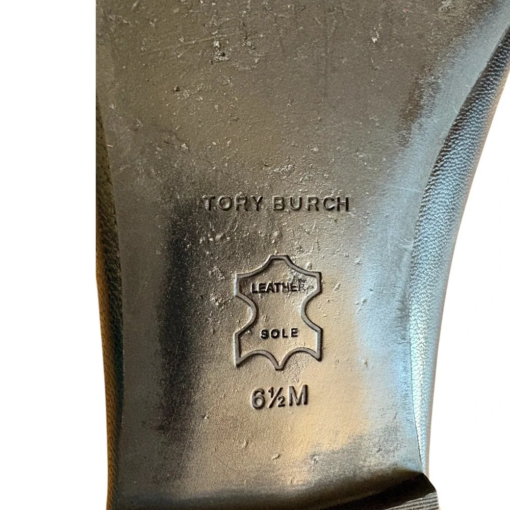 Tory Burch Georgia Ballet Flats Black Leather Gold Logo‎ Square Toe 6.5M